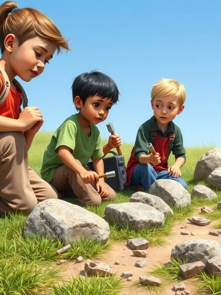 A group of children participating in a stone carving workshop, guided by an instructor, outdoors in a sunny field, showcasing hands-on learning.