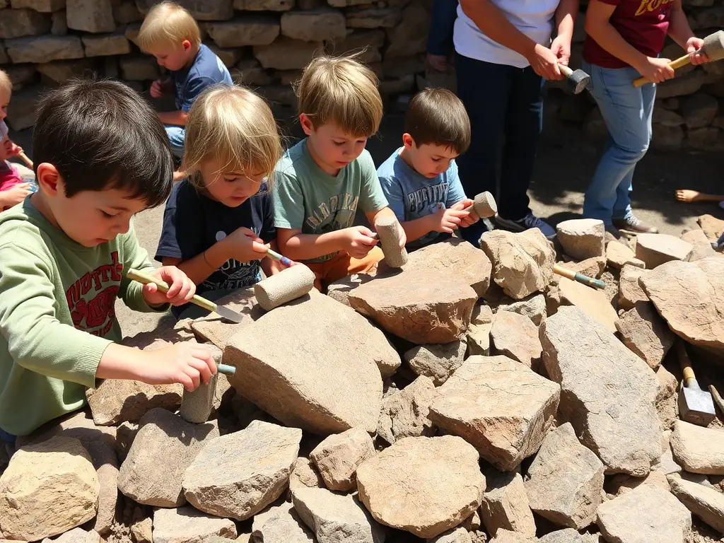 A group of children and adults participating in a hands-on stone carving workshop outdoors, surrounded by tools and various types of local stones. The atmosphere is lively and educational.