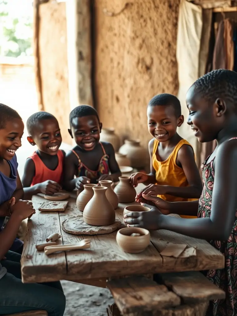 A photograph of children participating in a stone carving workshop, learning about local stone types and carving techniques, set against the backdrop of the Menet region.