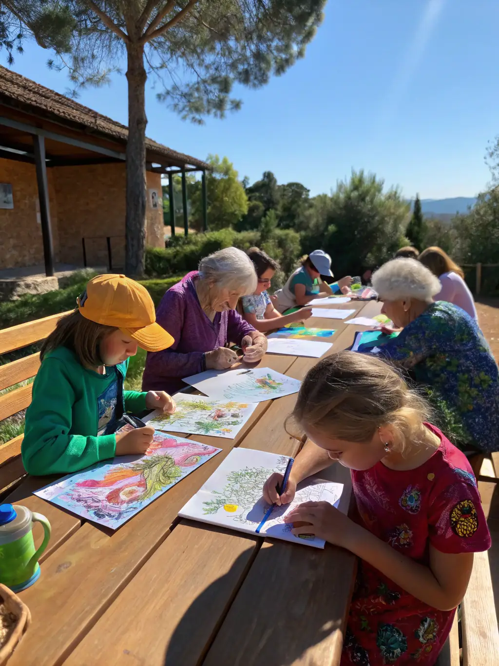 Participants of different ages working together on a community art project using natural materials, fostering collaboration and creativity.