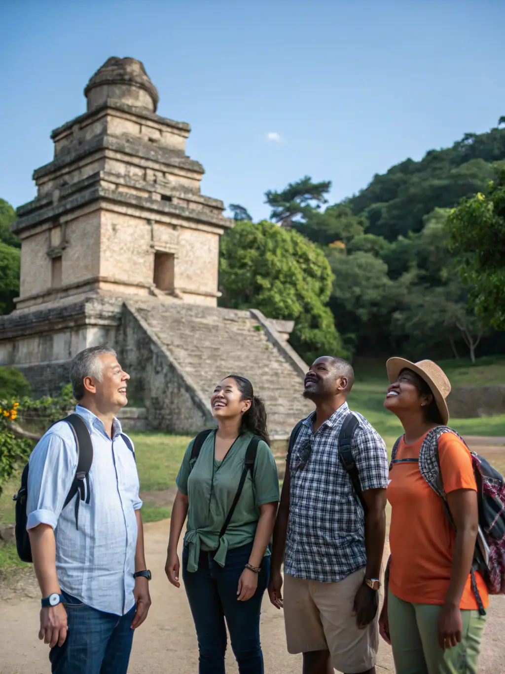 A diverse group of adults participating in a guided tour of a historical site, with a knowledgeable guide pointing out key features.