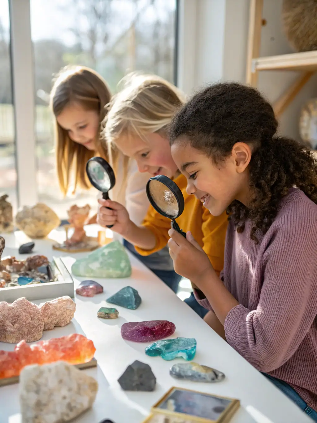 A classroom setting with students engaged in a lesson about local geology, with samples of rocks and minerals on display.