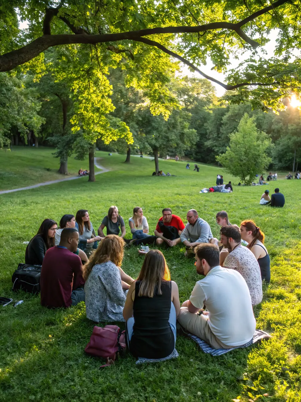 A diverse group of participants sharing stories and experiences during a cultural exchange event, promoting intercultural understanding and strengthening community bonds.