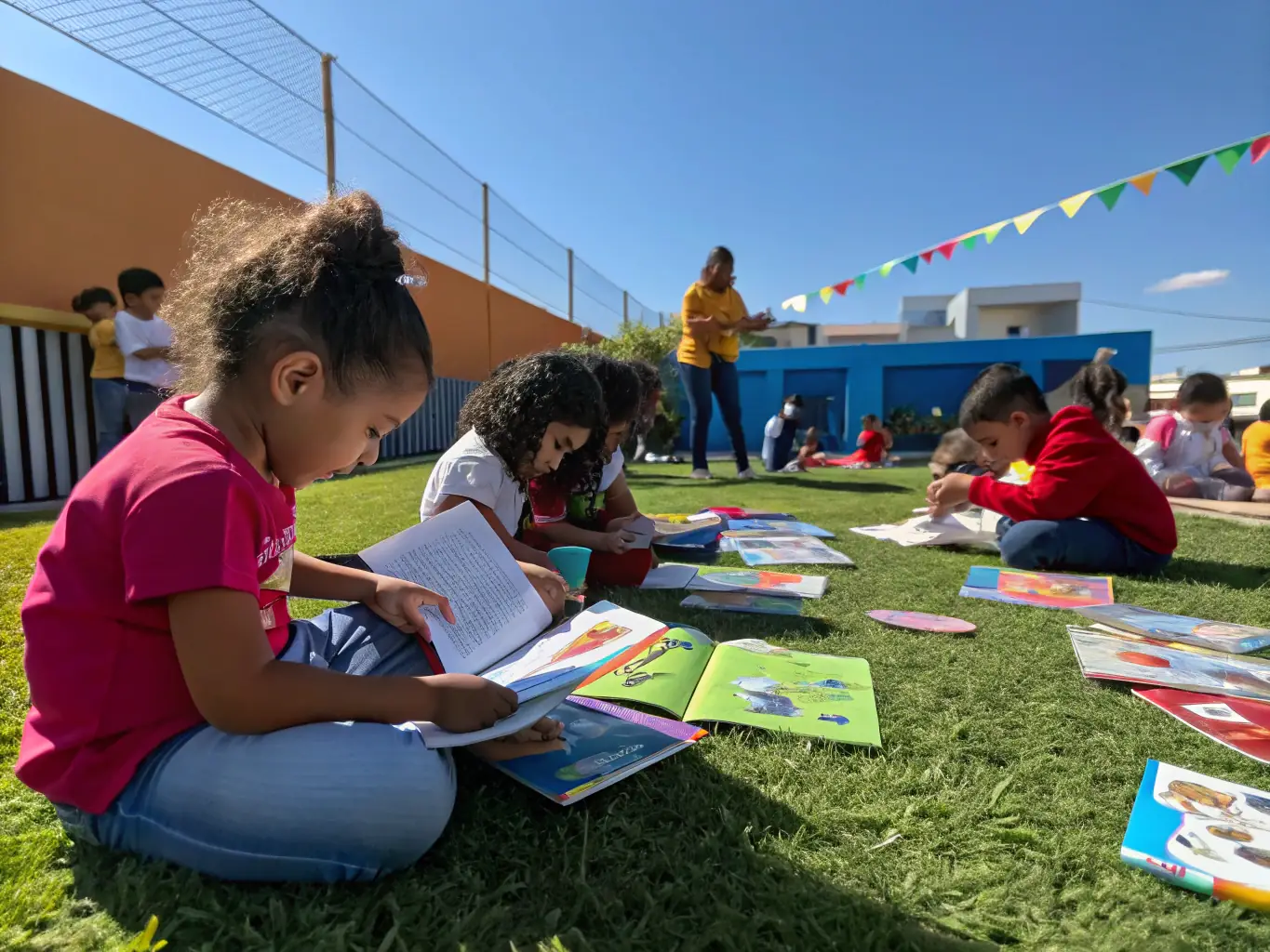 A group of children participating in a stone carving workshop, learning about local geology and artistic expression, set in a sunny outdoor environment with traditional tools and materials.