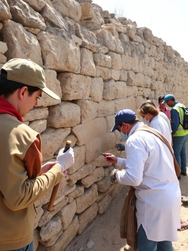 A vibrant scene of community members collaborating on a local heritage project, cleaning and restoring a historical stone wall, emphasizing community engagement and preservation efforts.