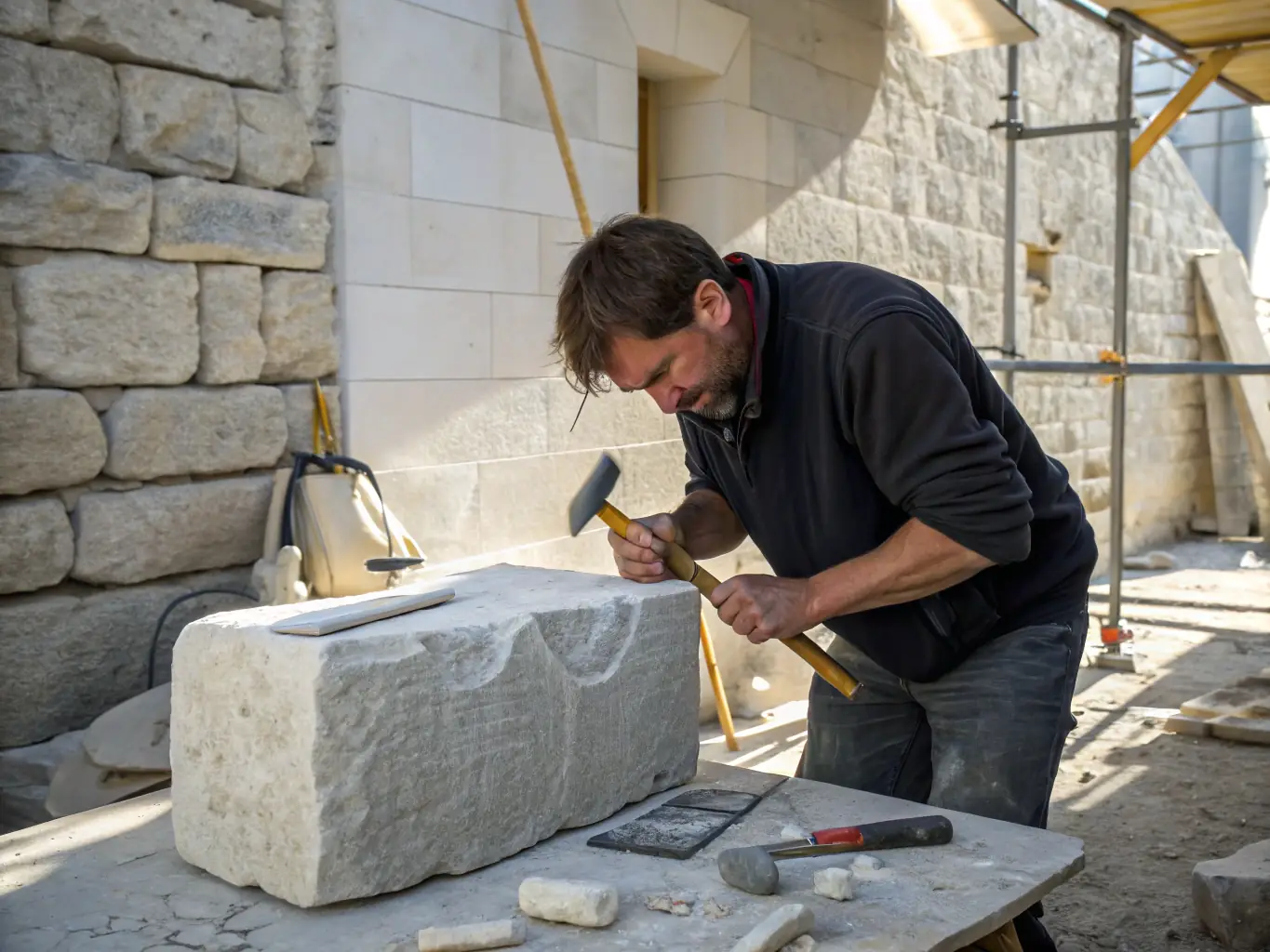 A group of students participating in a hands-on stone carving workshop, learning about local geology and traditional crafts.