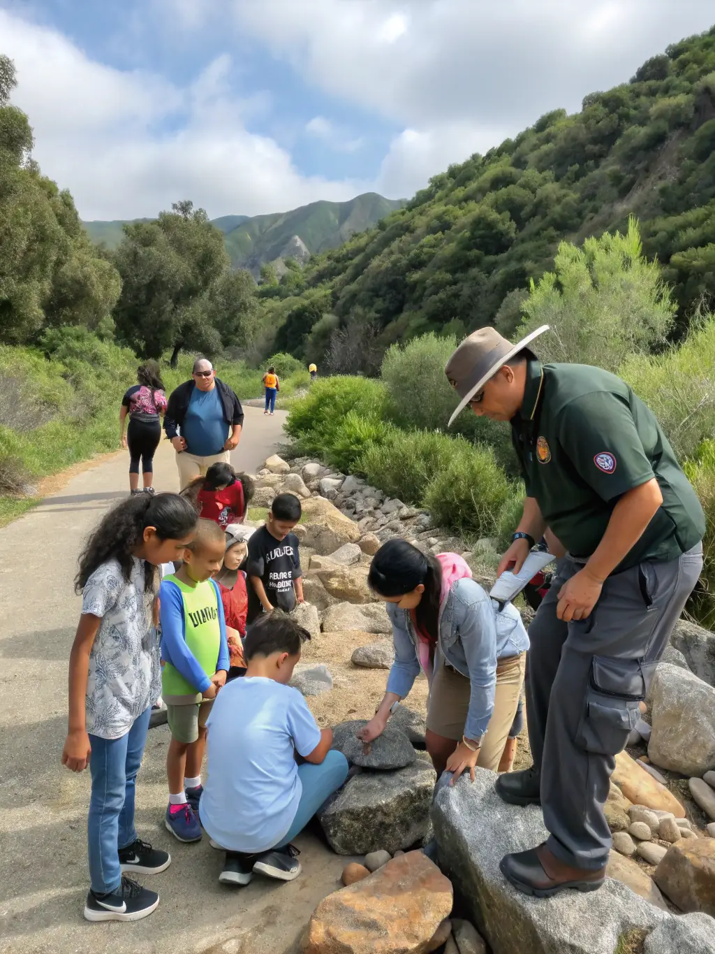 A group of adults on a guided tour of a historical quarry, examining the geological formations and learning about the quarry's historical significance to the region.