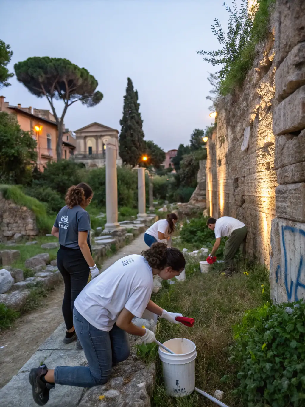 A picture of volunteers cleaning and preserving a local historical site, emphasizing community involvement and heritage preservation.