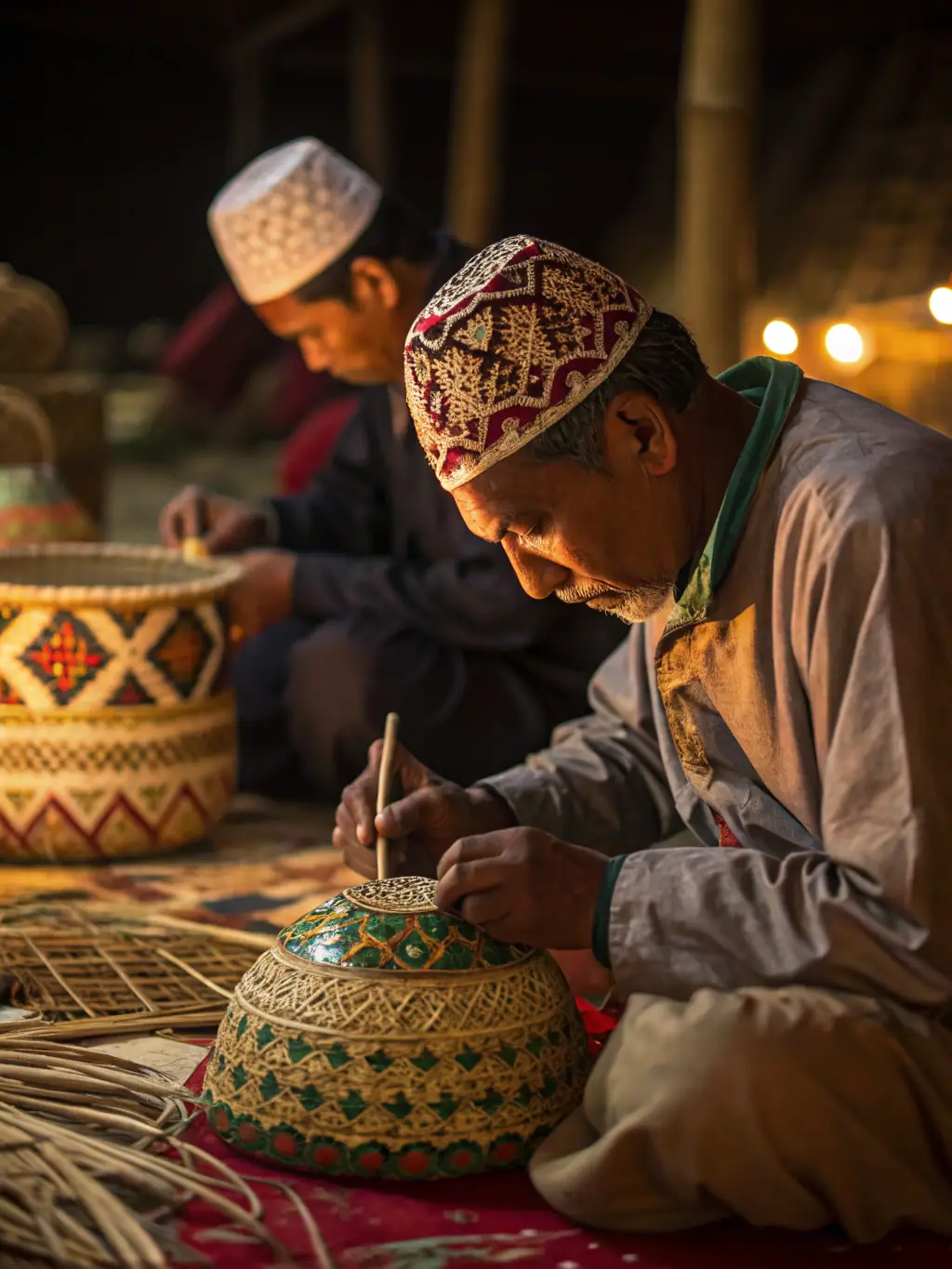 A photo of participants at a cultural heritage event, showcasing traditional crafts and local artisans demonstrating their skills.