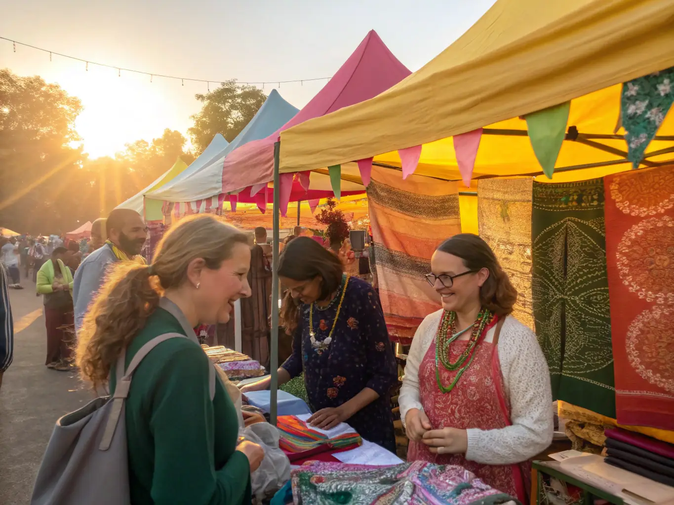 A scene from a community event showcasing local artisans and their crafts, with attendees interacting and learning about traditional skills and techniques.