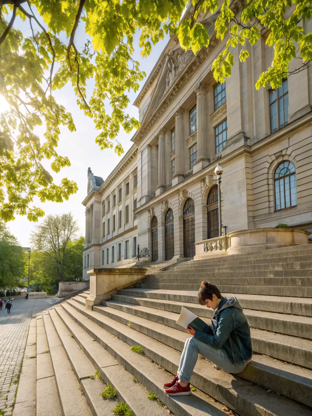 A young student deeply engaged in a guided tour of a historical site, listening attentively to the guide and taking notes, highlighting the educational and personal growth aspects of the programs.
